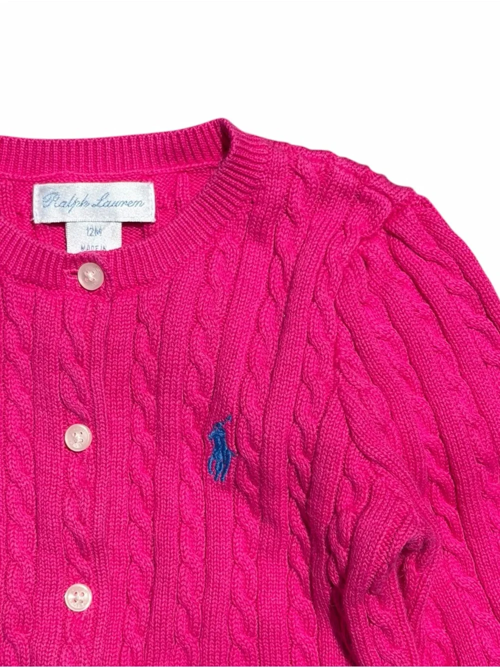 Ralph Lauren Baby Girls 12M Pink Cable Knit Cardigan Cotton Pony Sweater Preppy
